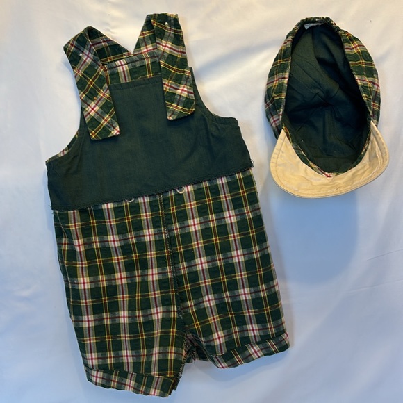 VINTAGE LITTLE BILLY Gently Worn Set Overalls Green/Cream Baseball Cap- 6-9 Mos - Picture 5 of 9